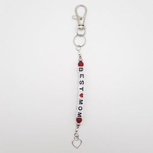 Best Mom Mother's Day Heart Red Beaded Keychain Handmade Accessory